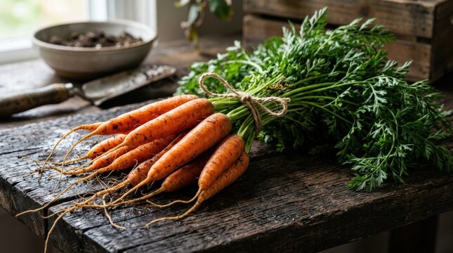 Carrot bunch with long roots and greens on dark textured surface, organic vegetable harvest concept with natural farm produce styling and vivid orange detail, natural light, realistic texture, clean