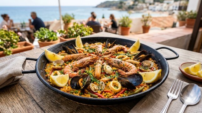 Traditional Spanish seafood paella, appetizing culinary scene for restaurant menus, travel food, local culture and Mediterranean dining, rich textures and colorful ingredients in authentic