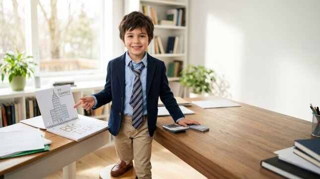 Child pretend to be businessman, playful business ambition concept for leadership, success, imagination, confidence and future career dreams, natural light, photorealistic, high detail, crisp focus,