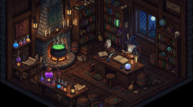 Old wizard wearing a hat reads a spellbook at his wooden desk