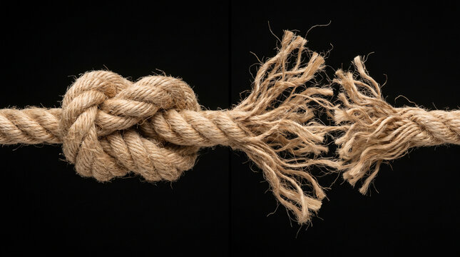 Strong rope with a knot and a frayed end against a black background