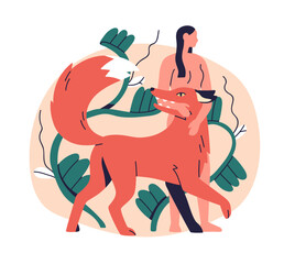 Naklejka premium Woman and wild fox. Human and animal in nature. Female taming untamed predator, beast. Inner instinct, shadow, primal spirit, psychology concept. Flat vector illustration isolated on white background