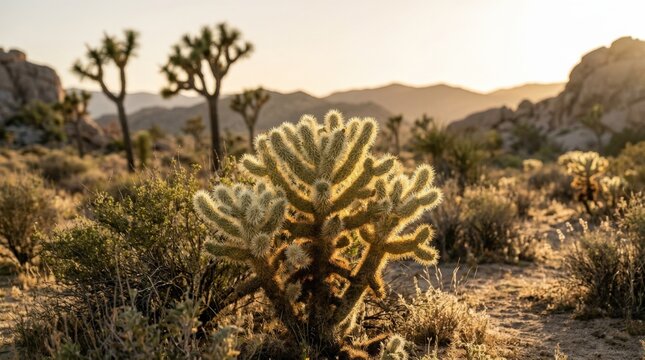 Glowing cholla cactus in Joshua Tree, iconic desert plant lit by warm low sun in rugged natural terrain, premium travel destination and Southwest nature concept, strong tourism appeal, natural copy