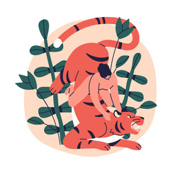 Naklejka premium Woman riding tiger. Dominance, courage and control over wild nature. Female rider on jungle animal, predator. Girl mowgli and beast. Flat graphic vector illustration isolated on white background