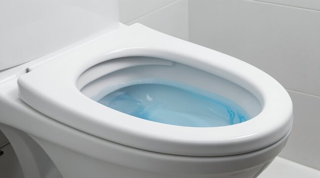 White ceramic toilet bowl with blue water swirl. Bathroom interior, clean hygiene product. Modern lavatory for home or hotel. Toilet detail.