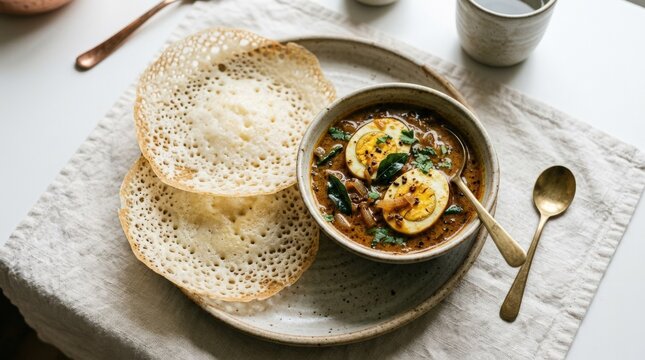 Kerala appam with egg curry, authentic Indian cuisine for restaurant menus, delivery and culinary branding, rich texture, appetizing plating, top view or close-up styling, natural light,