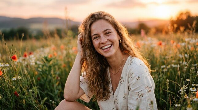Portrait of a smiling beautiful girl in sunset light, youthful warmth, natural beauty, emotional glow and lifestyle concept for fashion campaigns, family editorials and personal branding, golden-hour