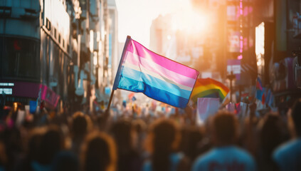 Fototapeta na wymiar Transgender Pride Flag Waving at LGBTQ+ March – Symbol of Equality, Identity, and Community Support