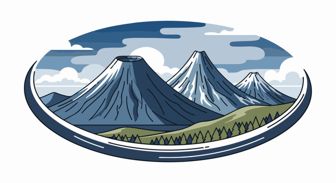 Stylized mountain peaks with snow, framed by a dark oval and surrounded by clouds