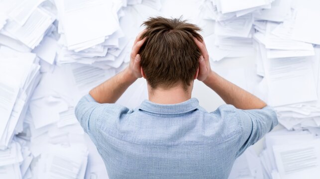 Man in blue shirt holds his head in frustration while surrounded by stacks of disorganized paperwork, representing the overwhelming feeling of burnout in a cluttered office environment