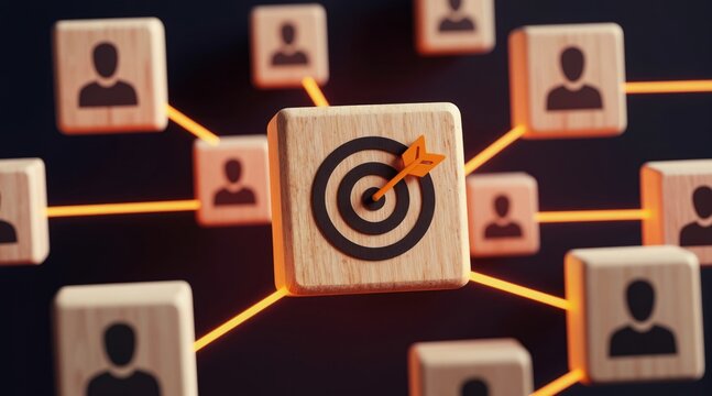 Blocks with people icons connect to central target with arrow. Digital network links individuals toward common goal. Teamwork and communication drive success in business.