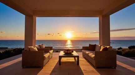 Naklejka premium Outdoor patio furniture faces ocean at sunset. Seating area overlooks calm sea and sky. Warm light illuminates this luxurious coastal home exterior.