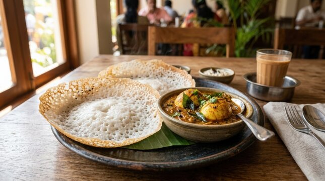 Kerala appam with egg curry, authentic South Indian breakfast with lacy soft rice pancakes and rich spiced gravy, comforting regional cuisine for restaurant, food blog and menu promotion themes,