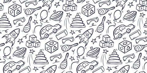 Fototapeta premium Children toys doodle background. Kid toys pattern background. Cute education games seamless pattern. Childhood playtime hand drawn pattern with car, ballon, block, rocket, puzzle, spinning top.
