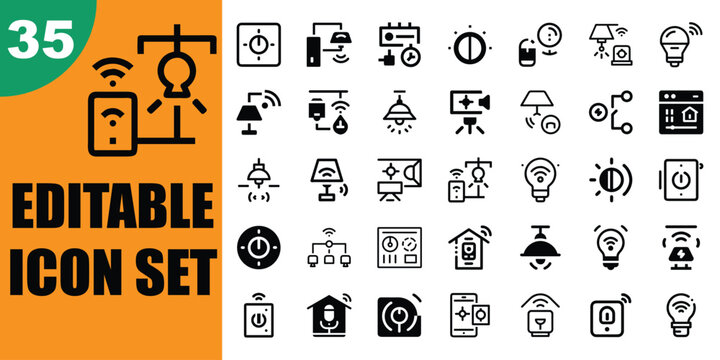 Set of thirtyfive editable icons for smart home lighting and electrical devices