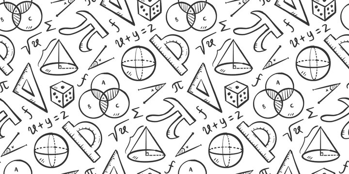 Math doodle background. Mathematic objects pattern background. Math education seamless pattern. Mathematical equation hand drawn seamless pattern with pi, sphere, rulers, shapes, formula, graph.