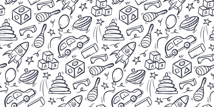 Children toys doodle background. Kid toys pattern background. Cute education games seamless pattern. Childhood playtime hand drawn pattern with car, ballon, block, rocket, puzzle, spinning top.
