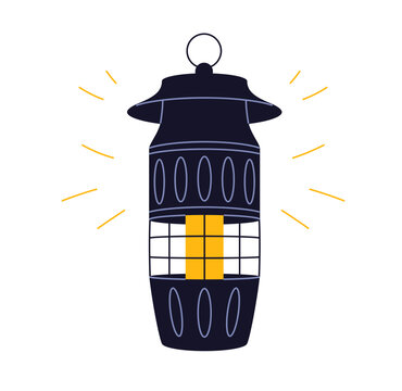 Insect killer lamp, electric repellent device. Bug zapper, anti-mosquito lantern with protection light. Portable electronic gadget for outdoor. Flat vector illustration isolated on white background