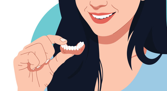 Close-up of a smiling young woman holding a dental bridge or removable partial denture in her hand near her mouth.