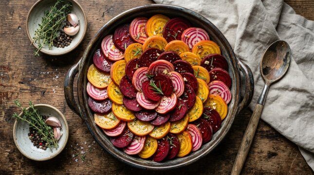 Raw beetroot arranged in colorful pattern prepared for roasting with oil and spices, natural vegetable food composition for healthy eating, rustic kitchen styling and organic produce concept, top