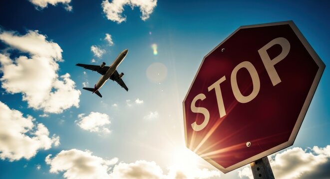 Airplane flies over a stop sign on a sunny day with clouds