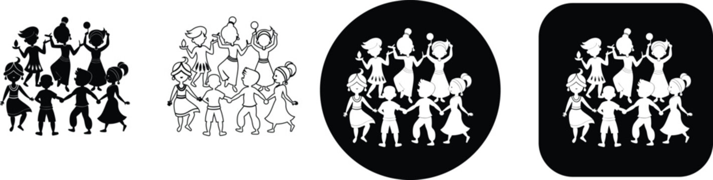 Children holding hands in a circle, dancing and celebrating, presented in silhouette, outline, and formats