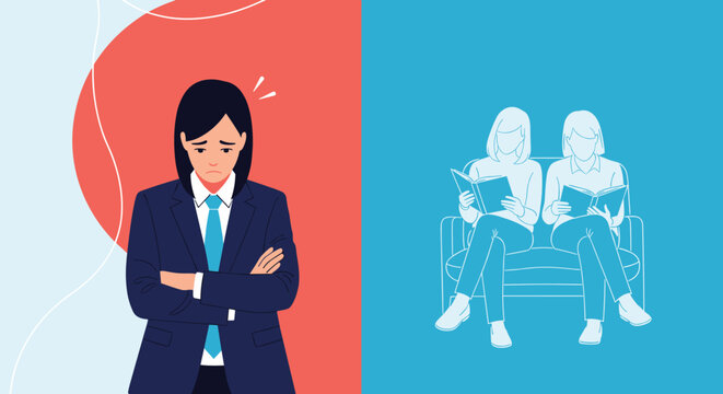 Comparison between feeling lonely and rejected in a business suit versus finding companionship and joy through reading books together.