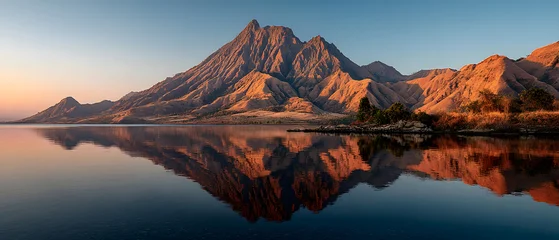 Fototapete Reflection Majestic mountain peak at sunset reflected in the calm waters of a tropical bay    © Fazley
