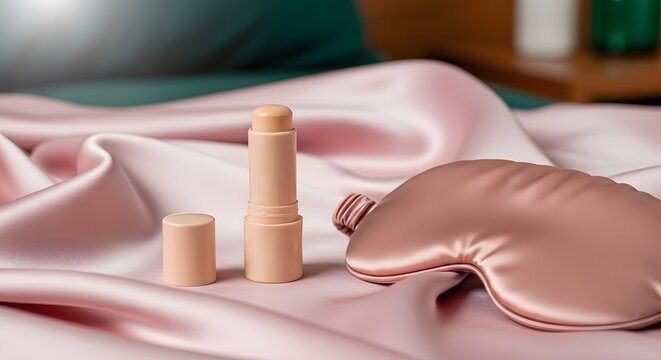 Luxury skincare products display on satin fabric background
