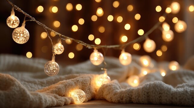 Warm glowing decorative string lights draped over soft knitted fabric creating a cozy festive atmosphere perfect for holiday interior decor and celebration