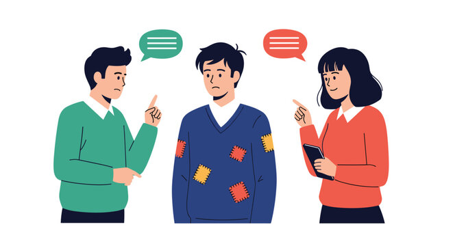 Group of people whispering and judging a man wearing clothes with patches highlighting social stigma, poverty, and class discrimination.