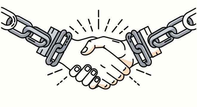 Symbol of a business agreement or partnership represented by two hands shaking while bound together by heavy metal chains and shackles.