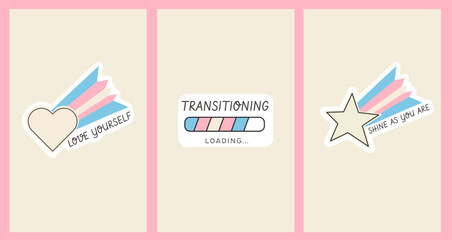 Set of Transgender Pride Month vertical banners with retro aesthetic trans flag icons. LGBTQ social media story template with groovy 90s style shooting star heart and transitioning loading bar. Vector © millering