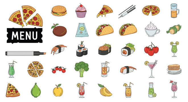 Extensive collection of colorful food and drink icons including pizza, burgers, sushi, tacos, drinks, and desserts for cafe menu design.