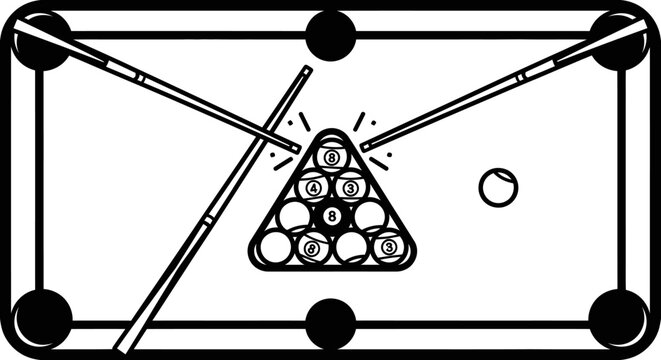 Billiard Table with Balls and Cues - Top View Line Art