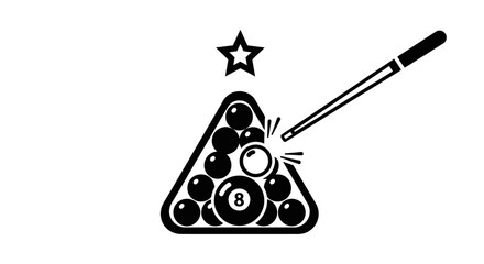 Billiard Game Icon: Pool Balls Rack and Cue Stick Striking White Ball © agus