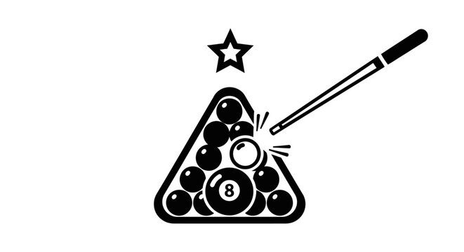 Billiard Game Icon: Pool Balls Rack and Cue Stick Striking White Ball