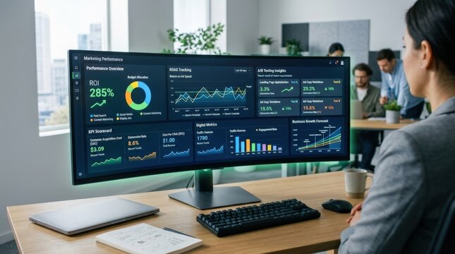 ROI strategy marketing performance, budget allocation, ROAS tracking and A/B testing insights with KPI dashboard optimization, advertising analysis and digital metrics for business growth, clean