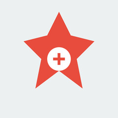 Obraz premium Red five-pointed star icon featuring a white circle and red plus sign symbol flat illustration