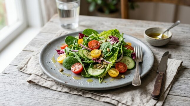 Mixed salad greens with cherry tomatoes served on a grey plate, healthy meal concept for food branding, recipe editorials and lifestyle campaigns, fresh leafy vegetables and bright natural ingredients