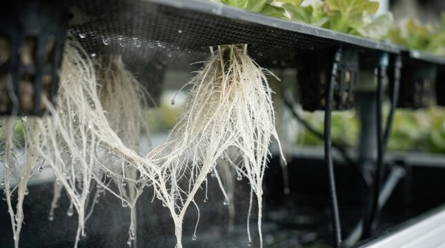 Close-up of aeroponic roots with water droplets, water conservation techniques in modern agriculture, sustainable controlled growing concept with fresh healthy root structure and moisture detail, soft