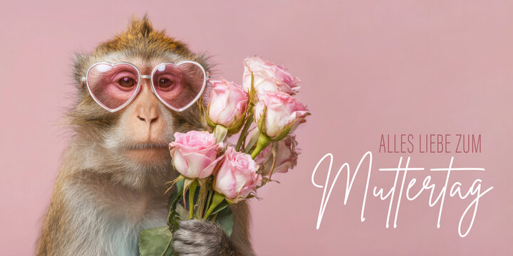 Alles Liebe zum Muttertag, Banner Gru&szlig;karte mit deutschem Text - Lustiger Affe mit Sonnenbrille und Rosen Blumenstrau&szlig;, isoliert auf pinkem Hintergrund