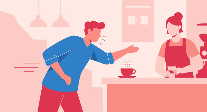 Angry customer complaining to barista at coffee shop counter