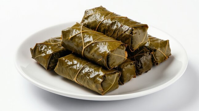 Heap of dolmades stuffed grape leaves on white plate. Traditional greek turkish mediterranean cuisine dish made with vine leaves rice herbs filling. Tasty appetizer.