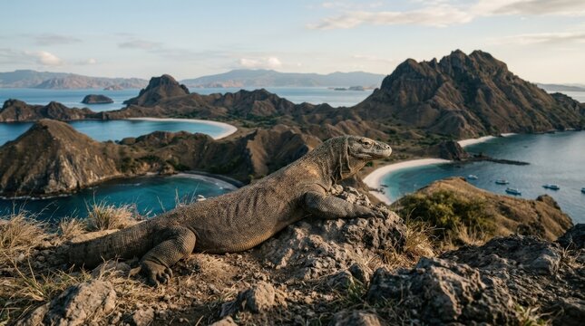 Komodo dragon resting on Padar Island at Komodo National Park, iconic island wildlife portrait with rugged terrain and strong travel appeal, ideal for animal, conservation and adventure themes, warm