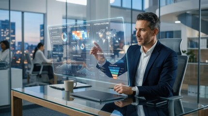 Fototapeta premium Businessman using AI and data analysis to identify target audience, customer segmentation, partner profiling, predictive analytics, CRM system modern, clean corporate composition, glowing virtual