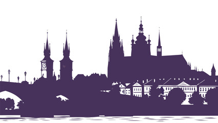 Naklejka premium Prague Skyline Silhouette | Prague Castle & Charles Bridge Vector Wall Art
