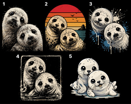 Adorable Seal Pups Illustration Set in Cartoon Vintage and Splash Styles on Dark Background