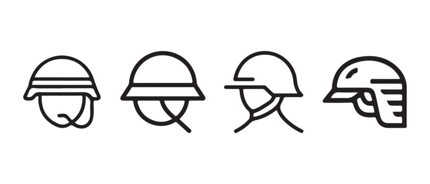 Set of four different military combat helmets icons in simple black line style.