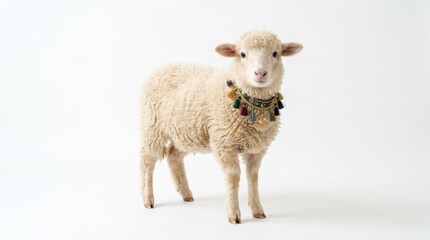 Fototapeta premium Cute Eid sheep on a white background, festive holiday symbol for celebration branding, family greeting visuals and seasonal product campaigns with soft charming presence and clean minimal styling
